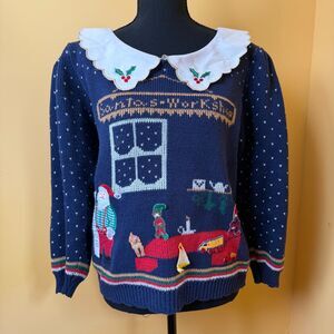 Vintage 80s Santa's Workshop Christmas Sweater Embroidered Peter Pan Collar S